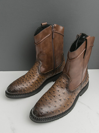 ブラウン メンズ カウボーイブーツ ラウンドトゥ ローヒール プルオン アンクルブーツ サイドジッパー付き