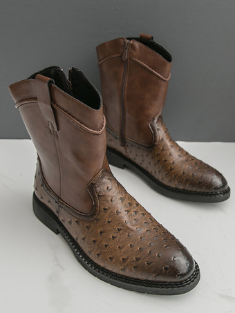 メンズ カウボーイブーツ ラウンドトゥ ローヒール プルオン アンクルブーツ サイドジッパー付き