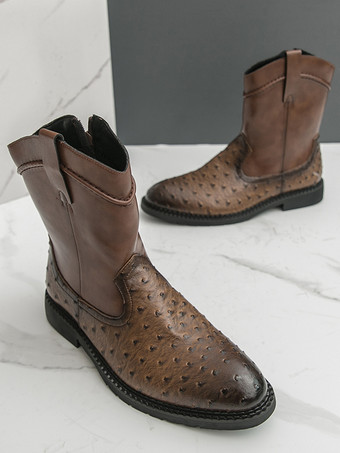 メンズ カウボーイブーツ ラウンドトゥ ローヒール プルオン アンクルブーツ サイドジッパー付き