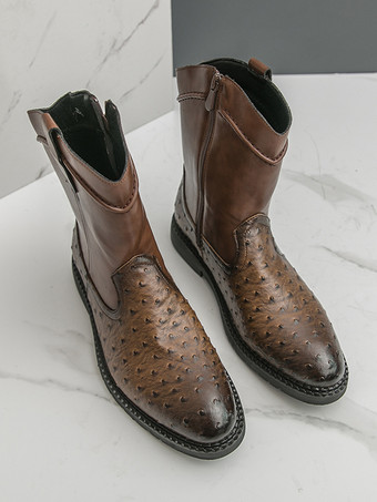 メンズ カウボーイブーツ ラウンドトゥ ローヒール プルオン アンクルブーツ サイドジッパー付き