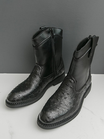 ブラック メンズ カウボーイブーツ ラウンドトゥ ローヒール プルオン アンクルブーツ サイドジッパー付き