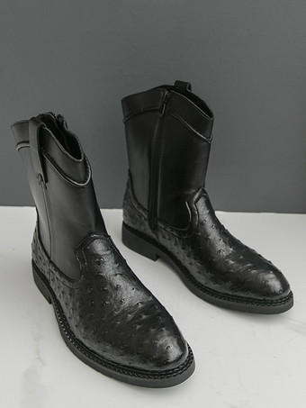 メンズ カウボーイブーツ ラウンドトゥ ローヒール プルオン アンクルブーツ サイドジッパー付き