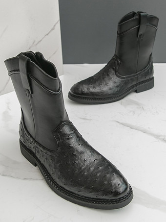 メンズ カウボーイブーツ ラウンドトゥ ローヒール プルオン アンクルブーツ サイドジッパー付き