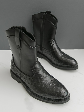 メンズ カウボーイブーツ ラウンドトゥ ローヒール プルオン アンクルブーツ サイドジッパー付き