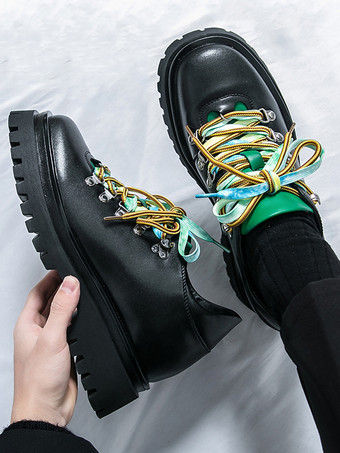メンズカジュアルシューズ 滑り止めプラットフォームソール カラフルレース付き ストリートウェアシューズ