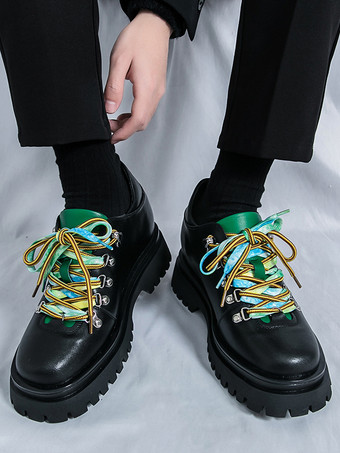 メンズカジュアルシューズ 滑り止めプラットフォームソール カラフルレース付き ストリートウェアシューズ