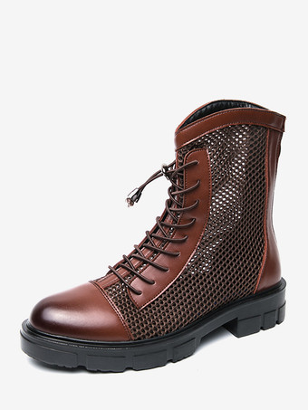 ブラウン メンズ アンクルブーツ パッチワーク メッシュ プラットフォーム カットアウト レースアップ コンバットブーツ