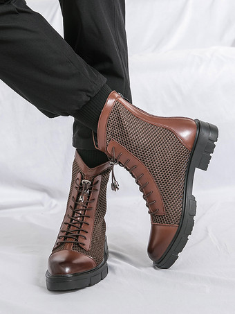 メンズ アンクルブーツ パッチワーク メッシュ プラットフォーム カットアウト レースアップ コンバットブーツ