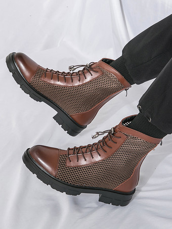 メンズ アンクルブーツ パッチワーク メッシュ プラットフォーム カットアウト レースアップ コンバットブーツ