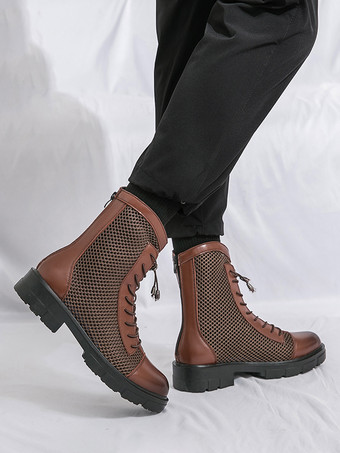 メンズ アンクルブーツ パッチワーク メッシュ プラットフォーム カットアウト レースアップ コンバットブーツ