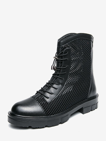 ブラック メンズ アンクルブーツ パッチワーク メッシュ プラットフォーム カットアウト レースアップ コンバットブーツ