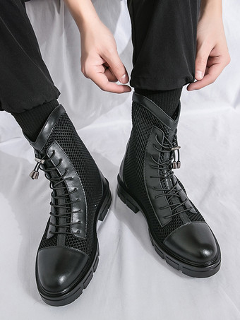メンズ アンクルブーツ パッチワーク メッシュ プラットフォーム カットアウト レースアップ コンバットブーツ