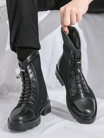 メンズ アンクルブーツ パッチワーク メッシュ プラットフォーム カットアウト レースアップ コンバットブーツ