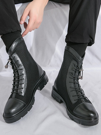 メンズ アンクルブーツ パッチワーク メッシュ プラットフォーム カットアウト レースアップ コンバットブーツ