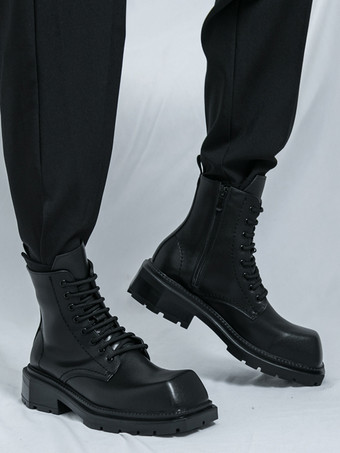 メンズ リジッド スクエアトゥ ドレスブーツ レザー レースアップ フォーマルシューズ チャンキーソール