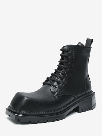 ブラック メンズ リジッド スクエアトゥ ドレスブーツ レザー レースアップ フォーマルシューズ チャンキーソール