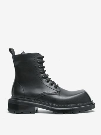 メンズ リジッド スクエアトゥ ドレスブーツ レザー レースアップ フォーマルシューズ チャンキーソール