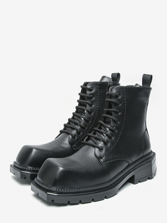 メンズ リジッド スクエアトゥ ドレスブーツ レザー レースアップ フォーマルシューズ チャンキーソール