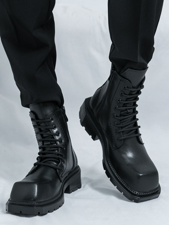 メンズ リジッド スクエアトゥ ドレスブーツ レザー レースアップ フォーマルシューズ チャンキーソール