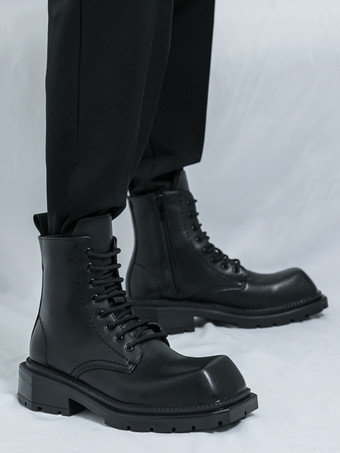 メンズ リジッド スクエアトゥ ドレスブーツ レザー レースアップ フォーマルシューズ チャンキーソール