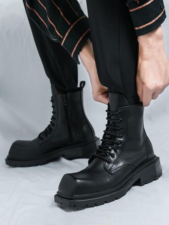 メンズ リジッド スクエアトゥ ドレスブーツ レザー レースアップ フォーマルシューズ チャンキーソール