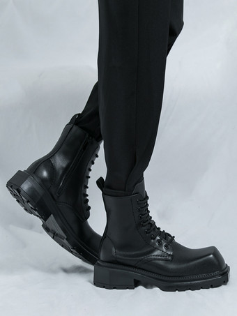 メンズ リジッド スクエアトゥ ドレスブーツ レザー レースアップ フォーマルシューズ チャンキーソール