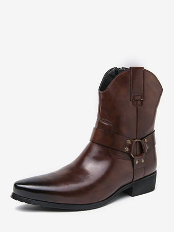 ブラウン メンズ カウボーイブーツ ポインテッドトゥ レザー ローヒール ボタンアクセント アンクルブーツ