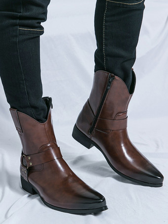 メンズ カウボーイブーツ ポインテッドトゥ レザー ローヒール ボタンアクセント アンクルブーツ