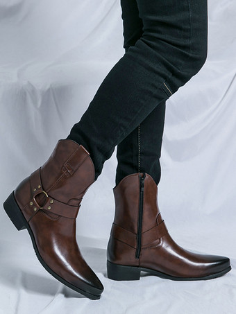 メンズ カウボーイブーツ ポインテッドトゥ レザー ローヒール ボタンアクセント アンクルブーツ