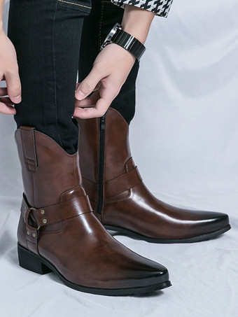 メンズ カウボーイブーツ ポインテッドトゥ レザー ローヒール ボタンアクセント アンクルブーツ