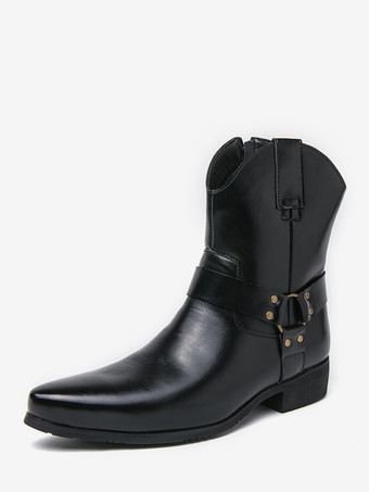 ブラック メンズ カウボーイブーツ ポインテッドトゥ レザー ローヒール ボタンアクセント アンクルブーツ