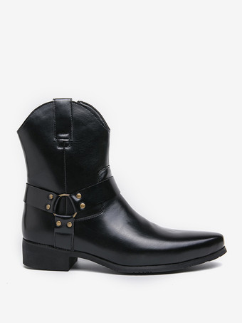 メンズ カウボーイブーツ ポインテッドトゥ レザー ローヒール ボタンアクセント アンクルブーツ