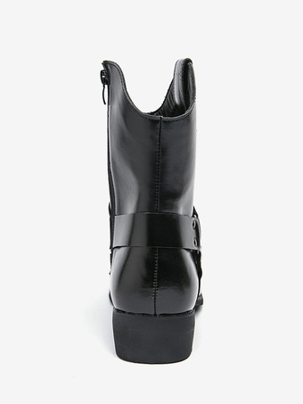 メンズ カウボーイブーツ ポインテッドトゥ レザー ローヒール ボタンアクセント アンクルブーツ