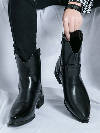 メンズ カウボーイブーツ ポインテッドトゥ レザー ローヒール ボタンアクセント アンクルブーツ