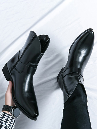 メンズ カウボーイブーツ ポインテッドトゥ レザー ローヒール ボタンアクセント アンクルブーツ