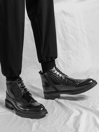 メンズ クラシック ウィングチップ ドレスブーツ ラウンドトゥ レザー ローヒール ビジネス ダービー アンクルブーツ