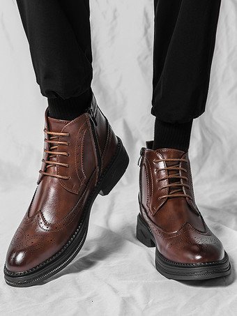 メンズ クラシック ウィングチップ ドレスブーツ ラウンドトゥ レザー ローヒール ビジネス ダービー アンクルブーツ