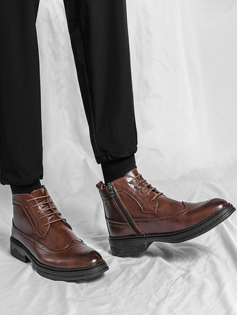 メンズ クラシック ウィングチップ ドレスブーツ ラウンドトゥ レザー ローヒール ビジネス ダービー アンクルブーツ