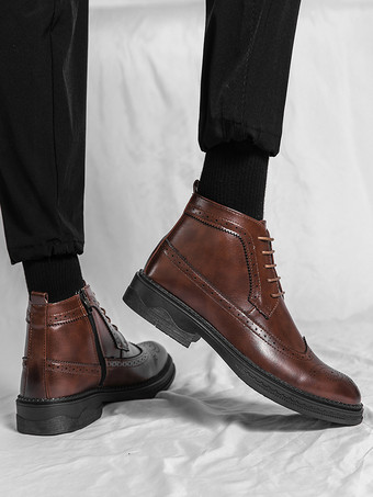 メンズ クラシック ウィングチップ ドレスブーツ ラウンドトゥ レザー ローヒール ビジネス ダービー アンクルブーツ