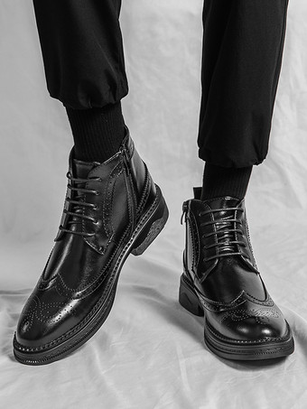 メンズ クラシック ウィングチップ ドレスブーツ ラウンドトゥ レザー ローヒール ビジネス ダービー アンクルブーツ