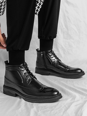 メンズ クラシック ウィングチップ ドレスブーツ ラウンドトゥ レザー ローヒール ビジネス ダービー アンクルブーツ