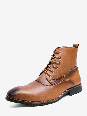 ブラウンメンズ ドレスアンクルブーツ ポインテッドトゥ レザーオックスフォード ローヒール フォーマル ビジネス カジュアルシューズ