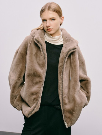 ラクダ色 フェイクファーフード付きジャケット 無地オーバーサイズコート 2025年冬