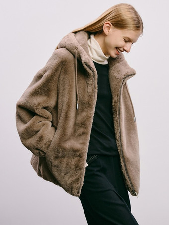 フェイクファーフード付きジャケット 無地オーバーサイズコート 2025年冬