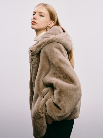 フェイクファーフード付きジャケット 無地オーバーサイズコート 2025年冬