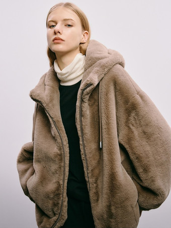 フェイクファーフード付きジャケット 無地オーバーサイズコート 2025年冬