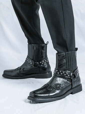 メンズ カウボーイブーツ スクエアトゥ リベット パンク バイカーブーツ ハイトップ プルオン ハイトップブーツ