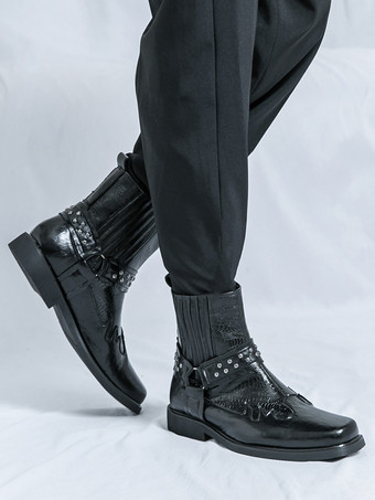 メンズ カウボーイブーツ スクエアトゥ リベット パンク バイカーブーツ ハイトップ プルオン ハイトップブーツ