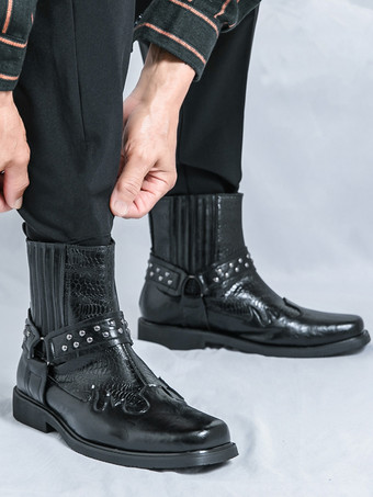 メンズ カウボーイブーツ スクエアトゥ リベット パンク バイカーブーツ ハイトップ プルオン ハイトップブーツ