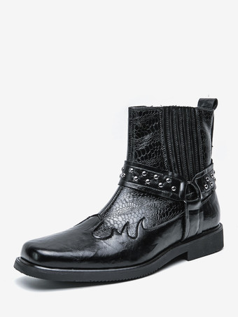 ブラック メンズ カウボーイブーツ スクエアトゥ リベット パンク バイカーブーツ ハイトップ プルオン ハイトップブーツ